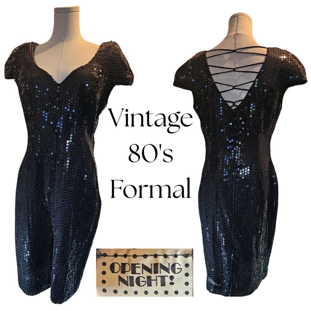 Vintage 1980s OPENING NIGHT Bodycon Cocktail Party Prom Sequin Dress Sz 10 Black
